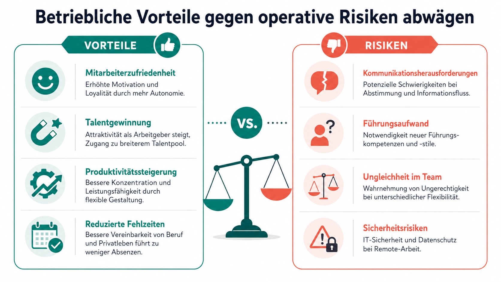 Infografik zum Abwägen von betrieblichen Vorteilen und operativen Risiken bei flexiblen Arbeitsmodellen und Remote-Work.