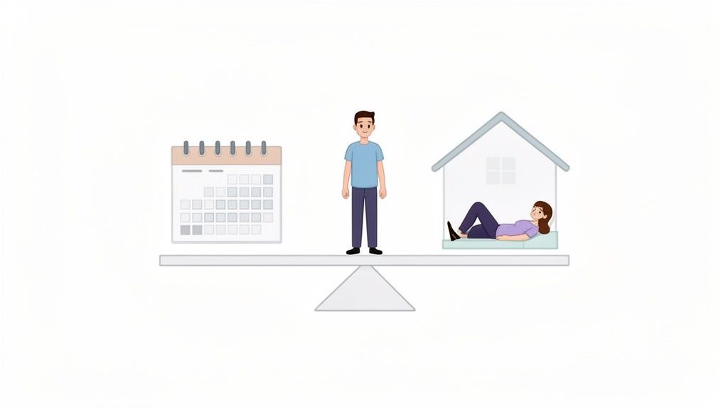 Mann steht auf einer Waage, die einen Kalender und eine Frau in einem Haus ausgleicht, symbolisiert Work-Life-Balance.