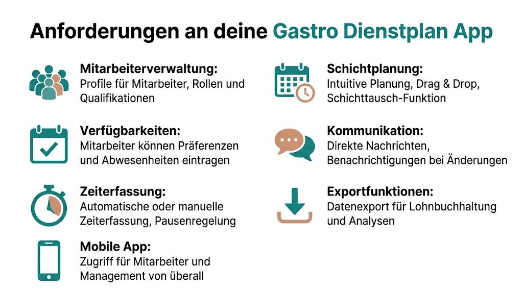 Eine Übersicht der wichtigsten Funktionen für eine digitale Dienstplan-App in der Gastronomie, dargestellt mit Icons und Text.