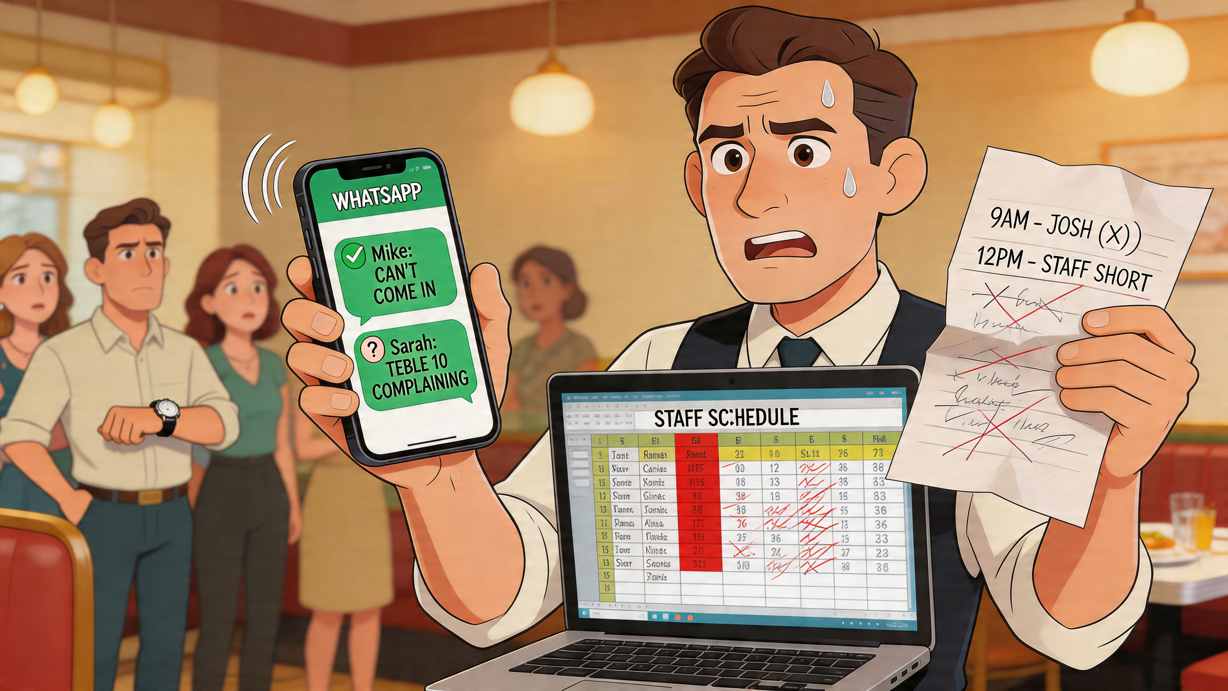 Ein gestresster Restaurantmanager schaut auf sein Handy und seinen Laptop, während der Schichtplan im Restaurant scheitert.