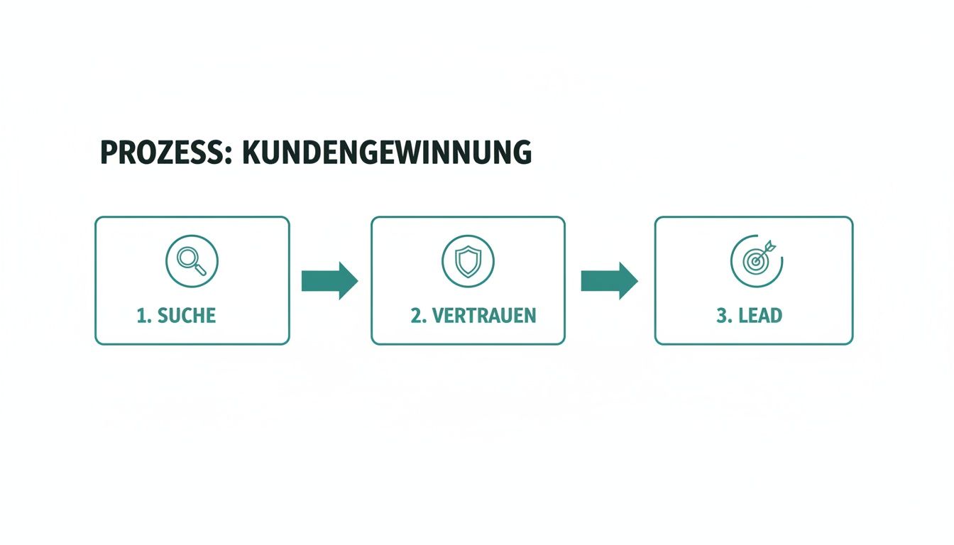 Grafik zeigt den Prozess der Kundengewinnung in drei Schritten: Suche, Vertrauen und Lead.