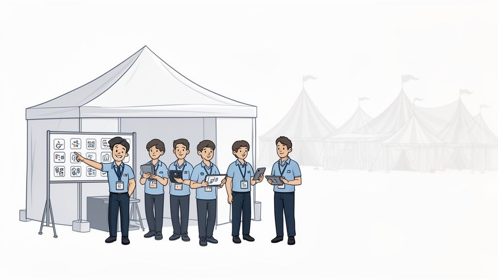 Ein Mann erklärt Icons auf einer Tafel, umgeben von Helfern mit Tablets an einem Stand.