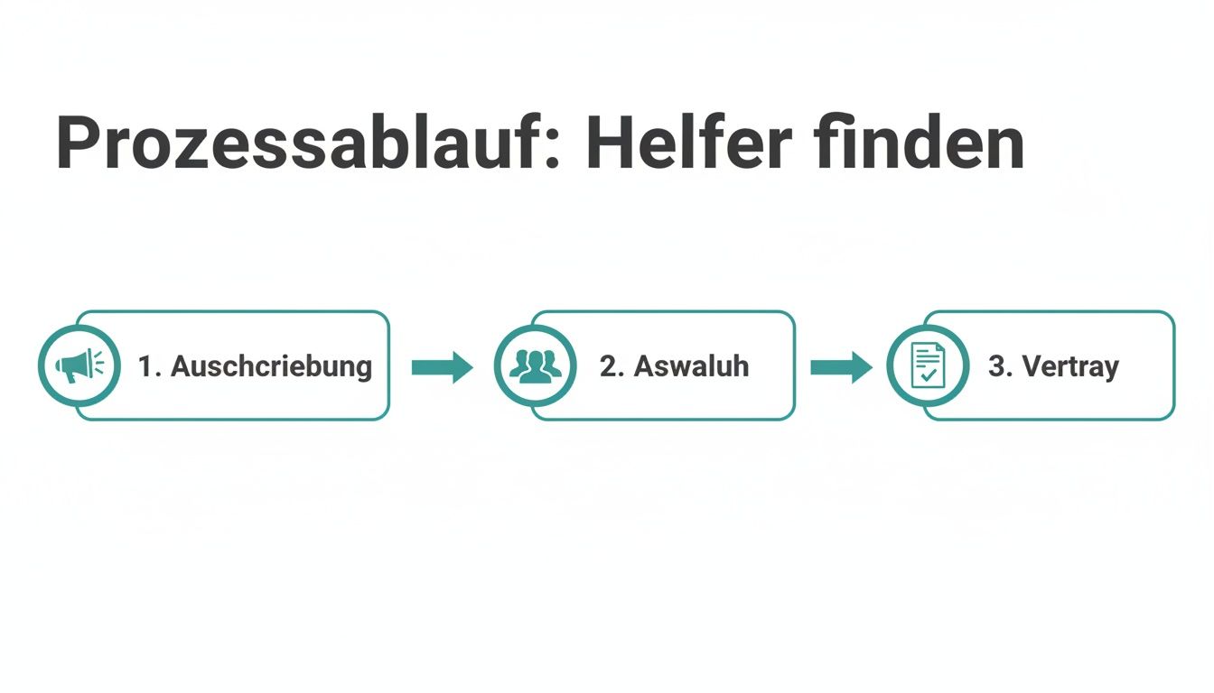 Ein dreistufiger Prozessablauf zum Finden von Helfern mit Schritten wie Ausschreibung, Auswahl und Vertrag.