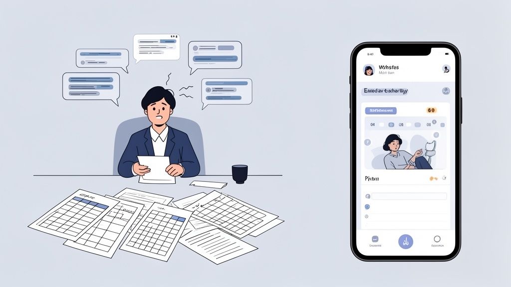 Ein gestresster Mann mit Papieren und Sprechblasen, im Kontrast zu einer ruhigen App-Oberfläche für Aufgabenmanagement.