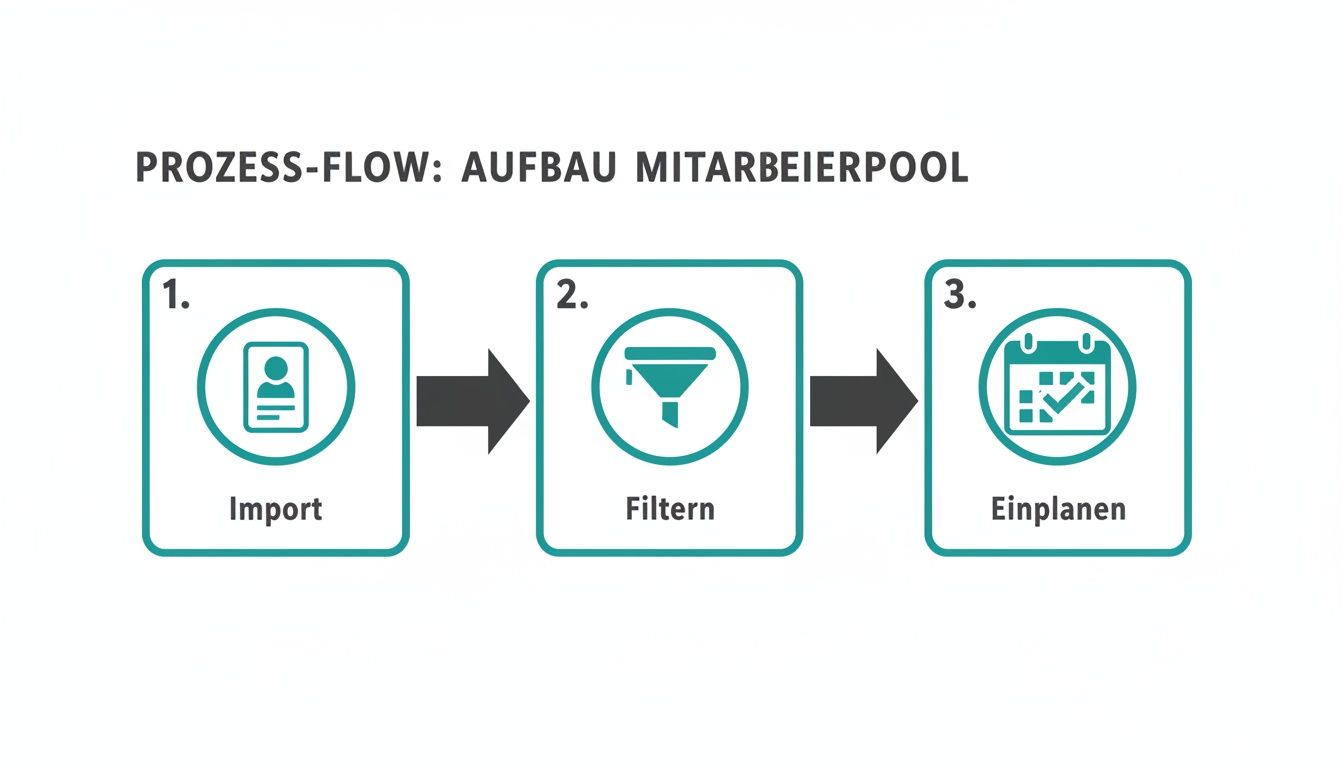 Prozess-Flow zum Aufbau eines Mitarbeiterpools mit den Schritten Import, Filtern und Einplanen von Personal.