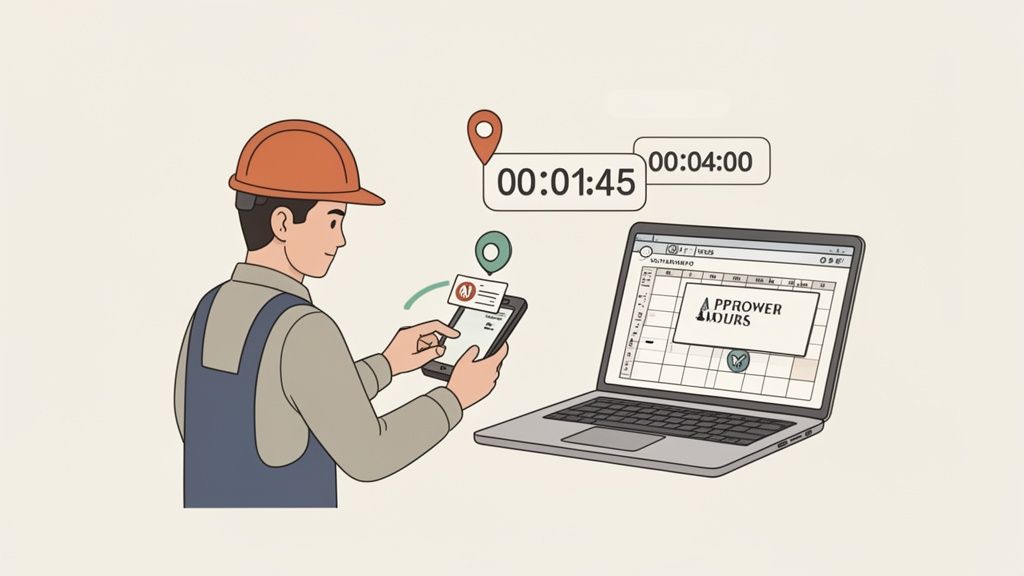Arbeiter mit Schutzhelm nutzt Smartphone-App zur Zeiterfassung, daneben Laptop mit Arbeitszeiten.