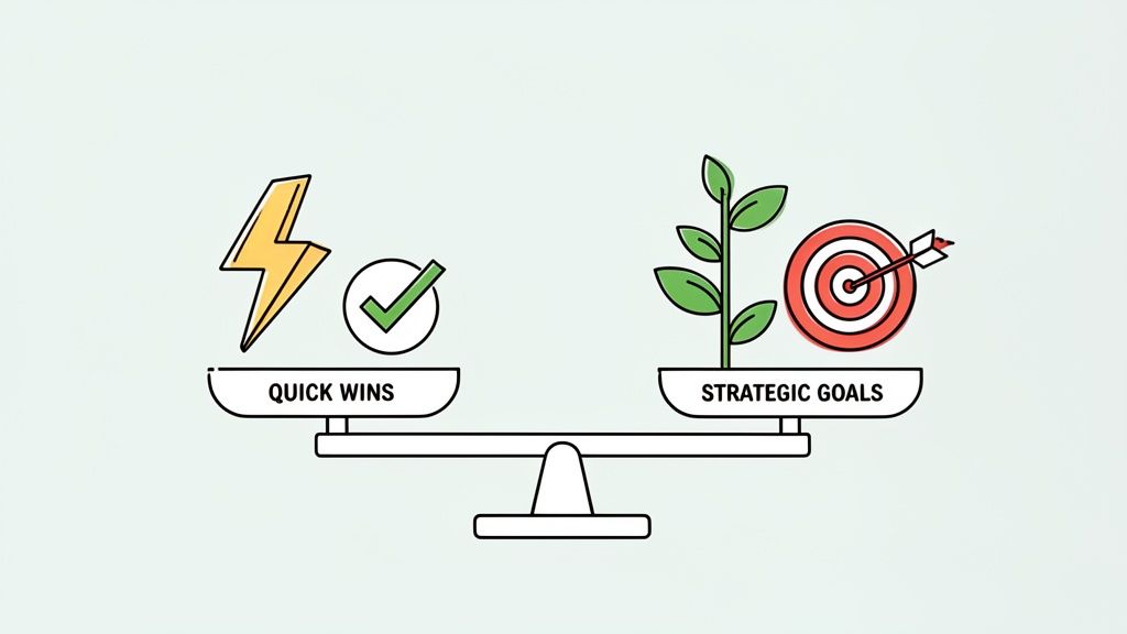 Eine Waage, die schnelle Erfolge (Quick Wins) mit einem Blitzsymbol und langfristige strategische Ziele mit einem Baum und Zielscheibe im Gleichgewicht darstellt.