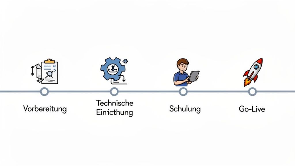 Eine Zeitleiste mit vier Schritten: Vorbereitung, technische Einrichtung, Schulung und Go-Live für die HR Software Einführung.