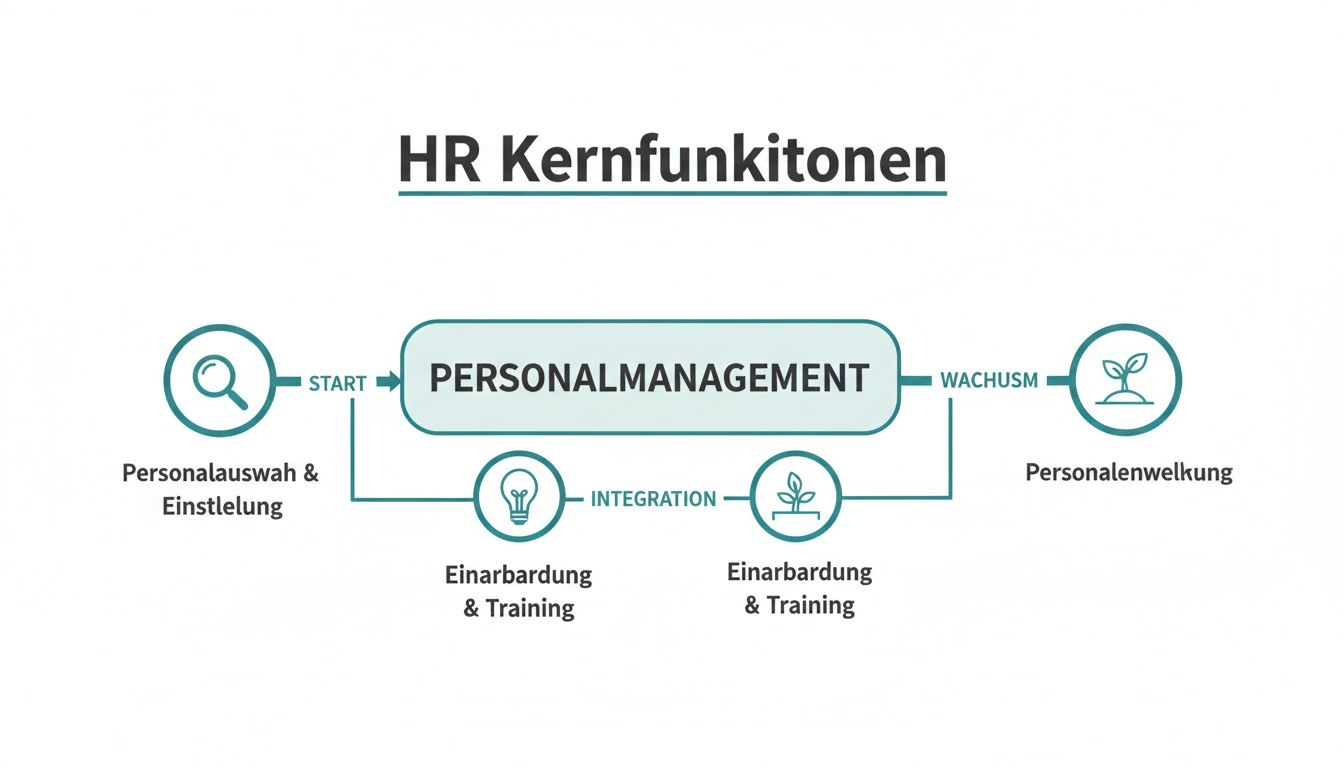 Ein Diagramm zeigt die HR Kernfunktionen: Personalauswahl, Einarbeitung, Training und Personalentwicklung im Personalmanagement.