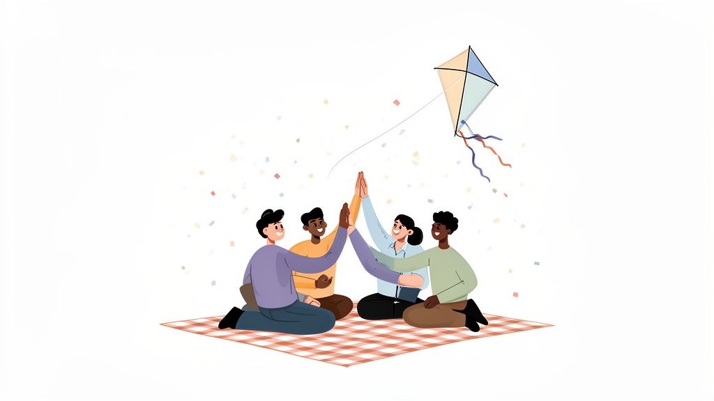 Vier Freunde machen High-Five auf einer Picknickdecke mit einem Drachen am Himmel.