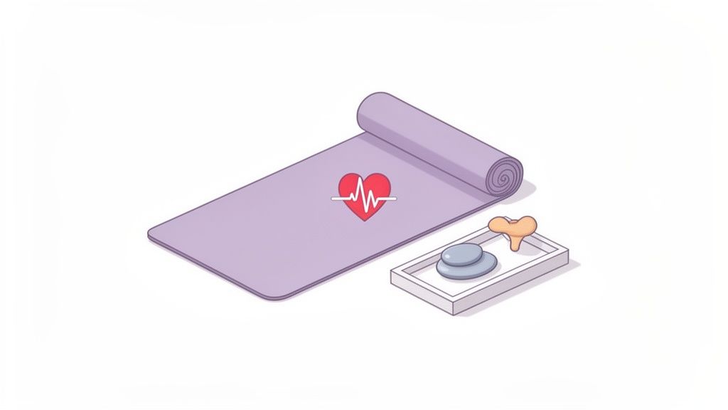 Eine lilafarbene Yogamatte mit Herzschlag-Symbol, daneben ein Tablett mit glatten Steinen und einem Gua Sha.
