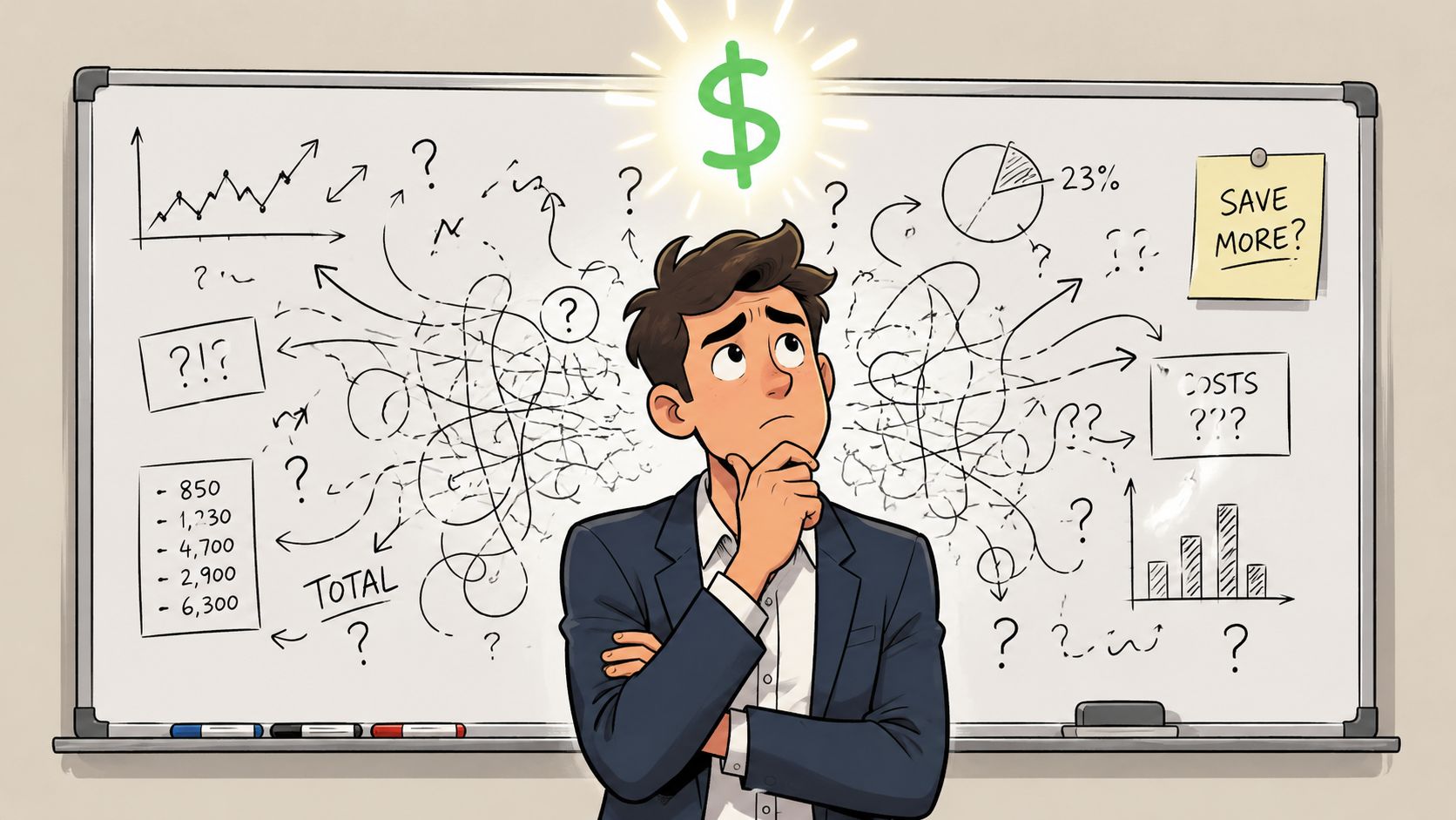 A businessman stands thoughtfully in front of a whiteboard full of complex financial diagrams and economic calculations.