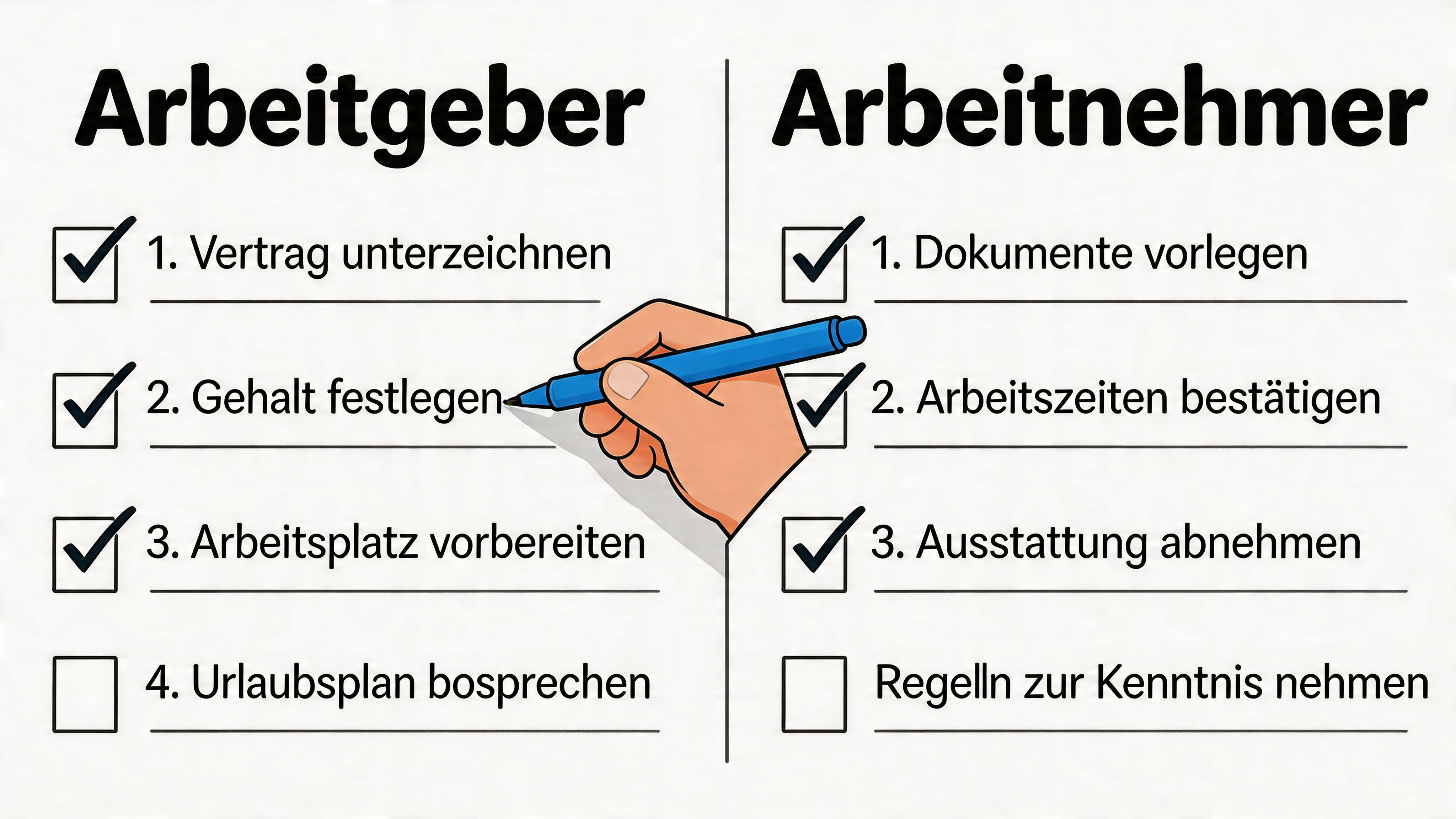 Eine Checkliste für Arbeitgeber und Arbeitnehmer mit verschiedenen Aufgaben zur Vorbereitung auf ein neues Arbeitsverhältnis.