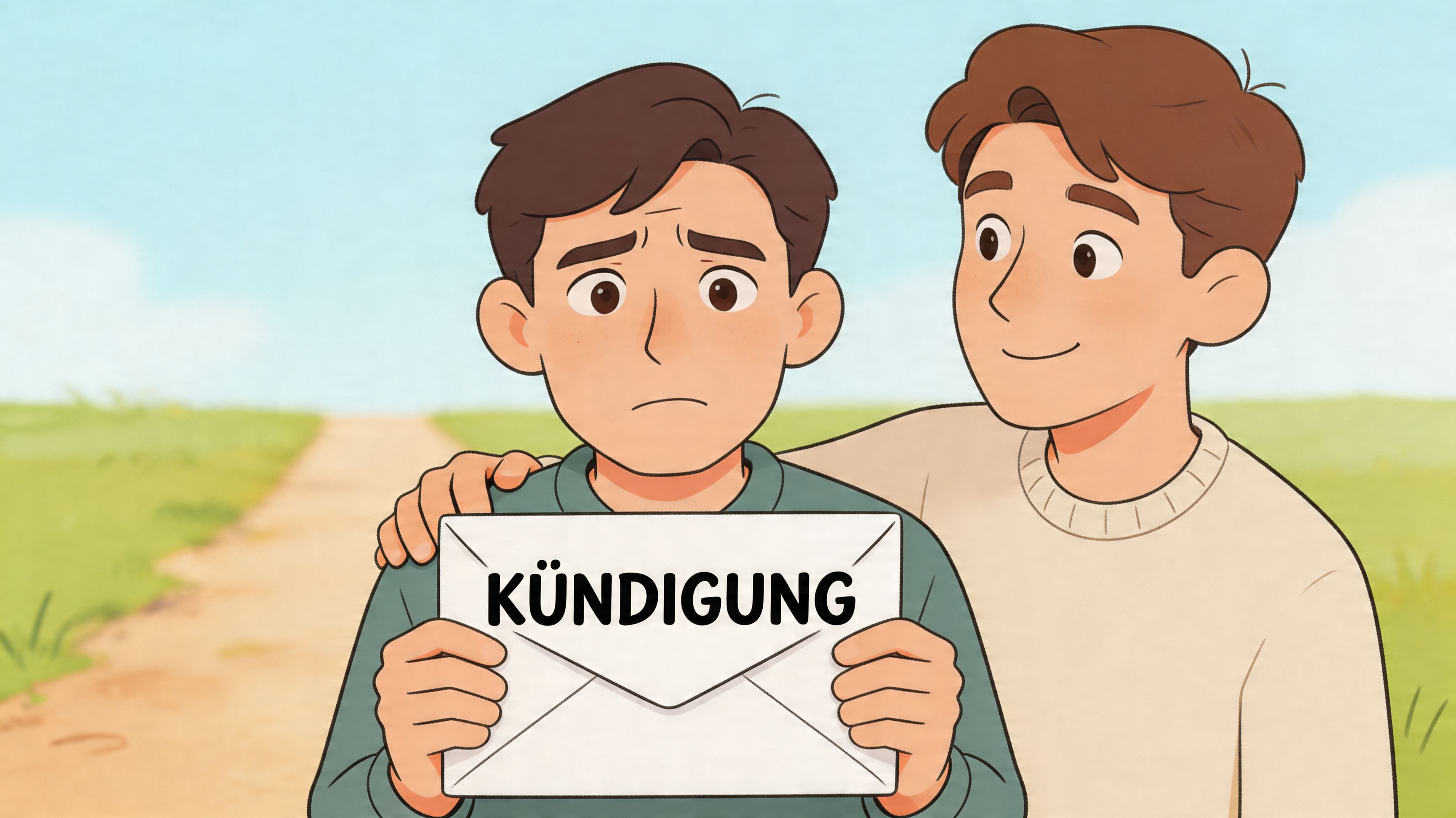 Ein junger Mann tröstet seinen traurigen Freund, der einen Brief mit der Aufschrift Kündigung in den Händen hält.