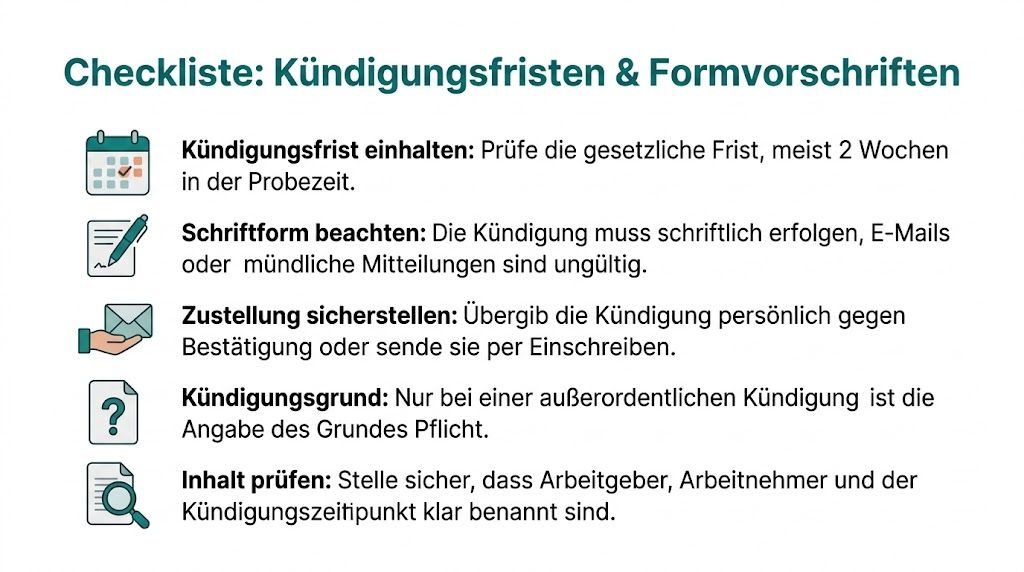 Eine Infografik mit einer Checkliste für rechtssichere Kündigungen während der Probezeit mit den wichtigsten formellen Anforderungen.
