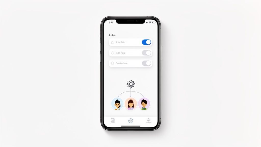Ein Smartphone-Bildschirm zeigt eine App mit Regeln, Schaltern und einer schematischen Darstellung von Nutzern.