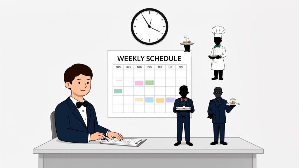 Il manager pianifica il programma settimanale per il personale del ristorante, inclusi chef e cameriere, con orologio e calendario.