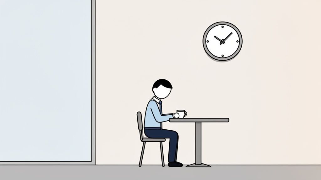 Un uomo è seduto a un tavolo con una tazza. Un orologio è appeso al muro accanto a una finestra.