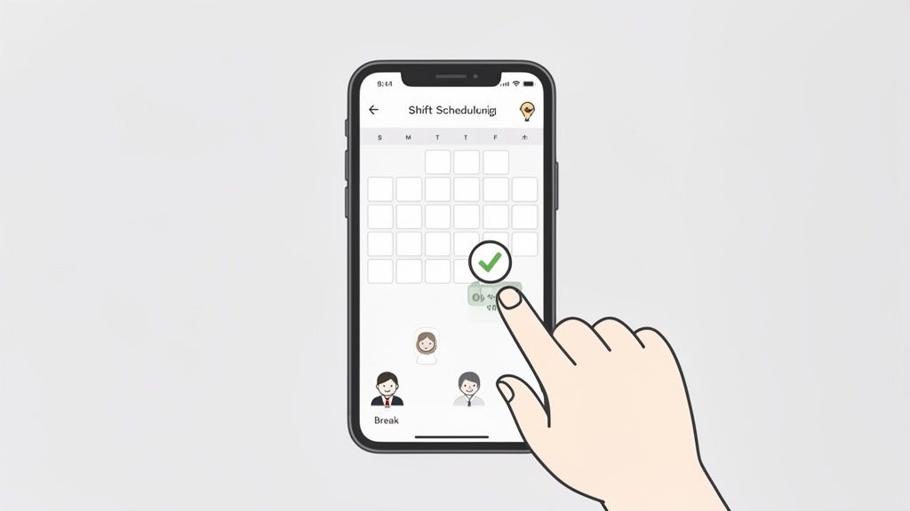 App per smartphone per la pianificazione dei turni con calendario, segni di spunta e simboli dei dipendenti, un dito tocca un giorno.