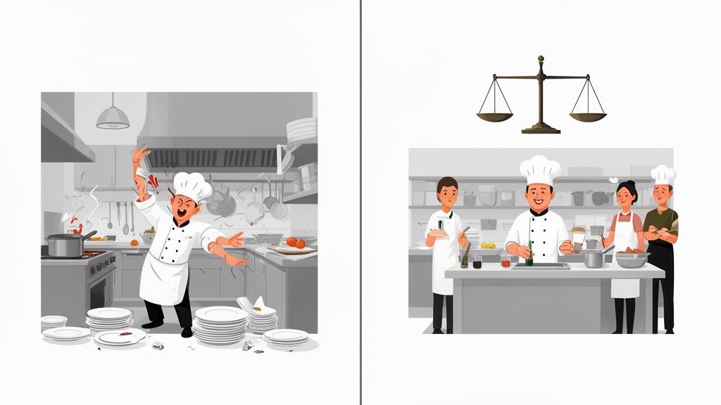Contraste entre une cuisine chaotique avec un chef en colère et une cuisine d'équipe organisée avec une balance.