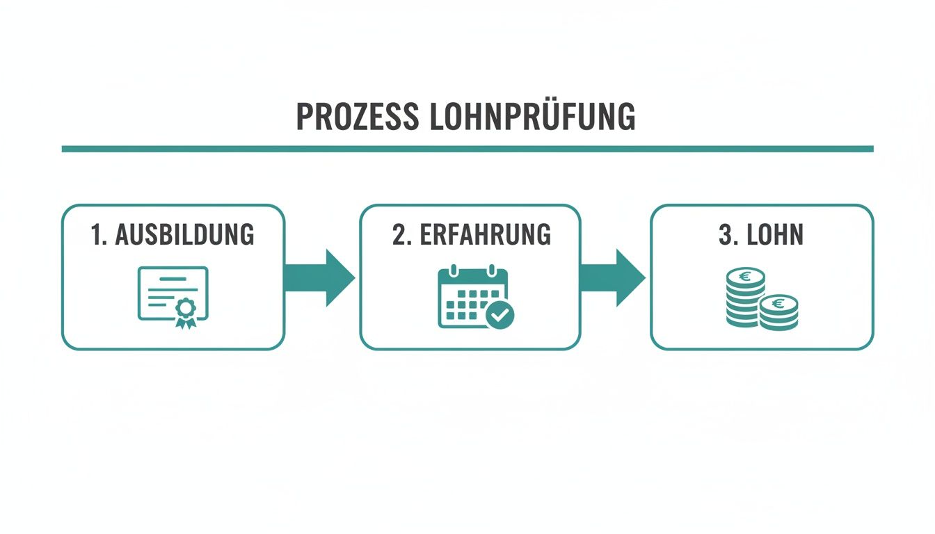 Schéma du processus de vérification du salaire avec les étapes d'éducation, d'expérience et de salaire. Un processus clair.