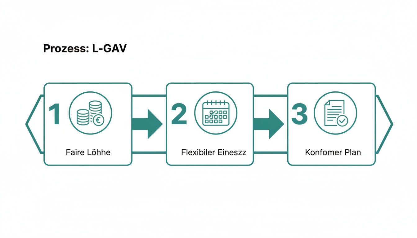 Prozessdiagramm L-GAV mit Schritten für faire Löhne, flexiblen Einsatz und konformen Plan.