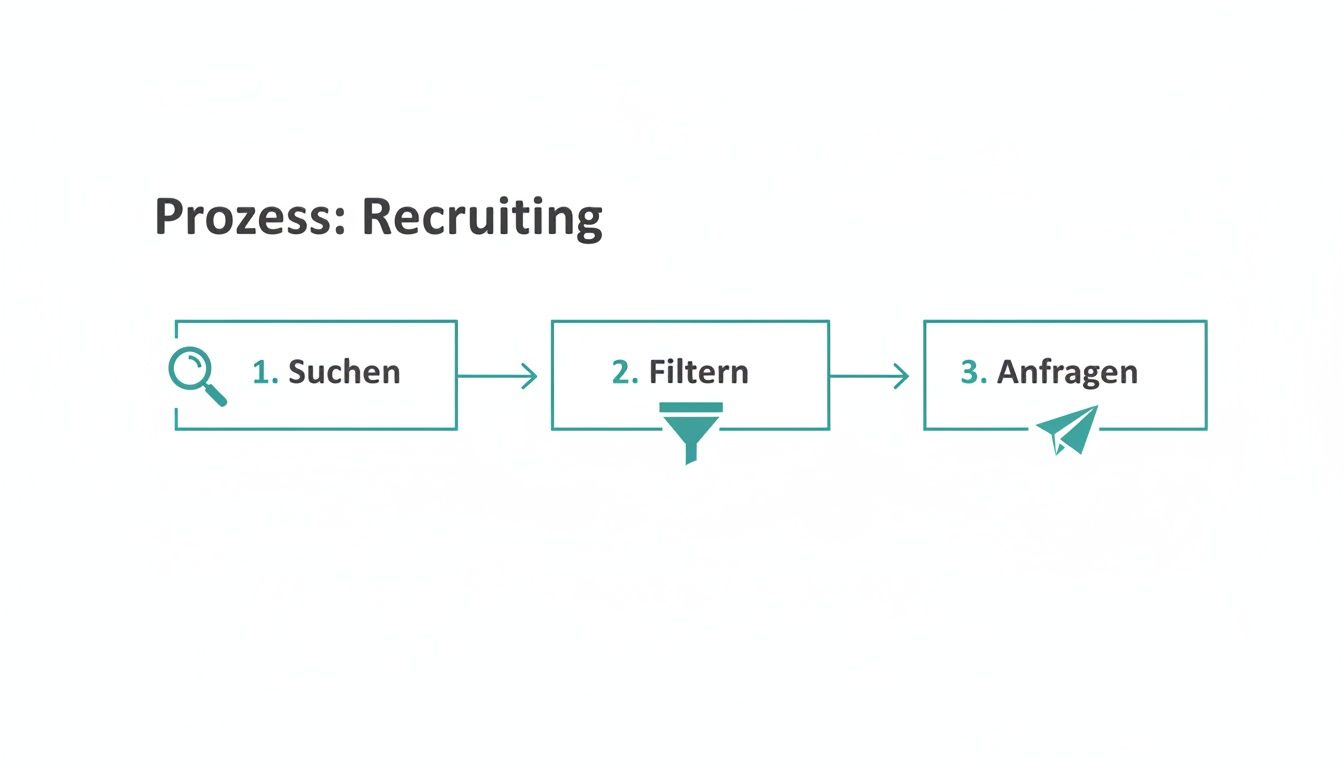 Prozess-Flowchart für Recruiting: Suchen, Filtern und Anfragen mit entsprechenden Icons dargestellt.