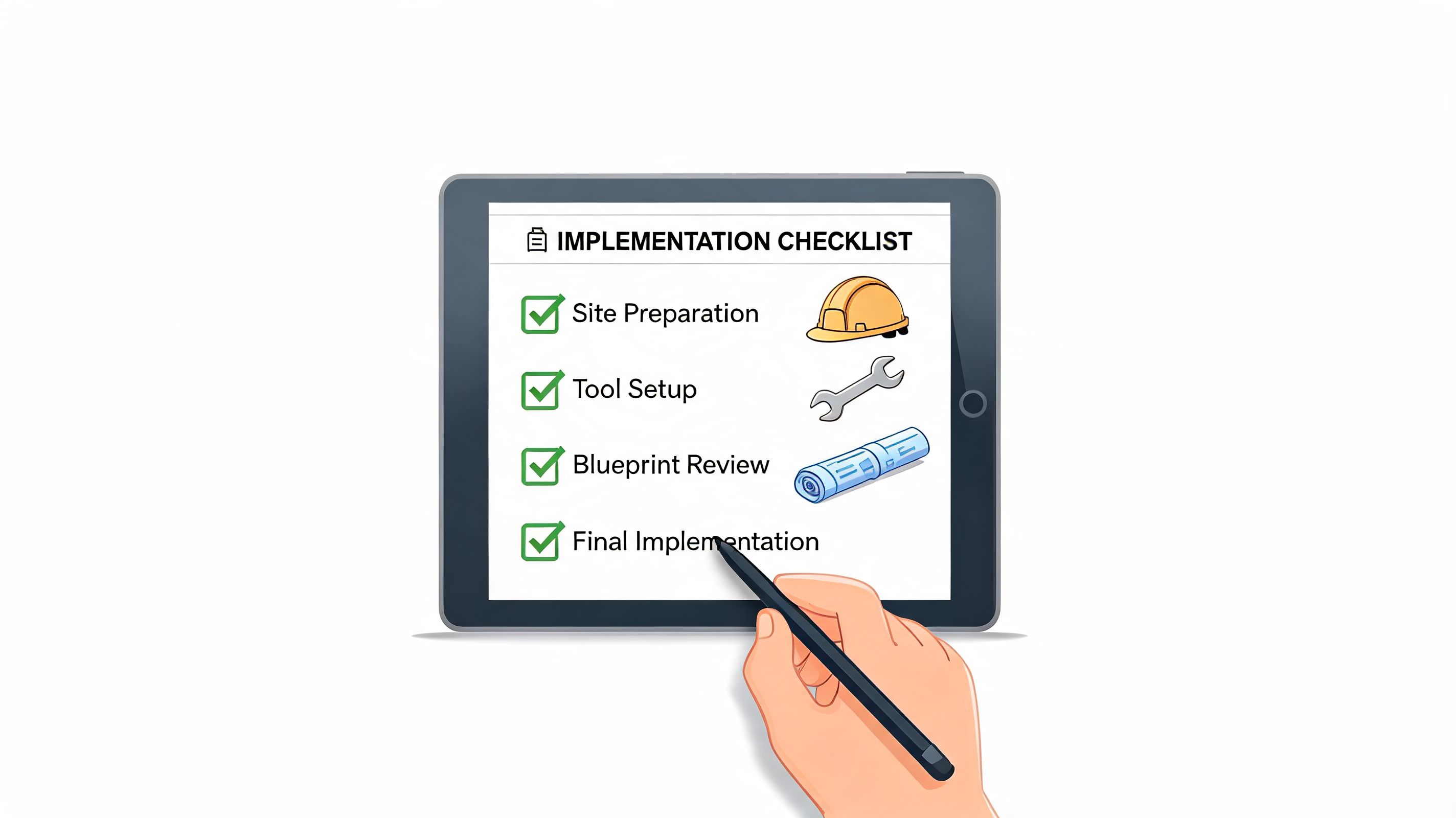 Eine Hand benutzt einen Stift auf einem Tablet, um Aufgaben auf einer digitalen Implementierungs-Checkliste für Bauarbeiten abzuhaken.