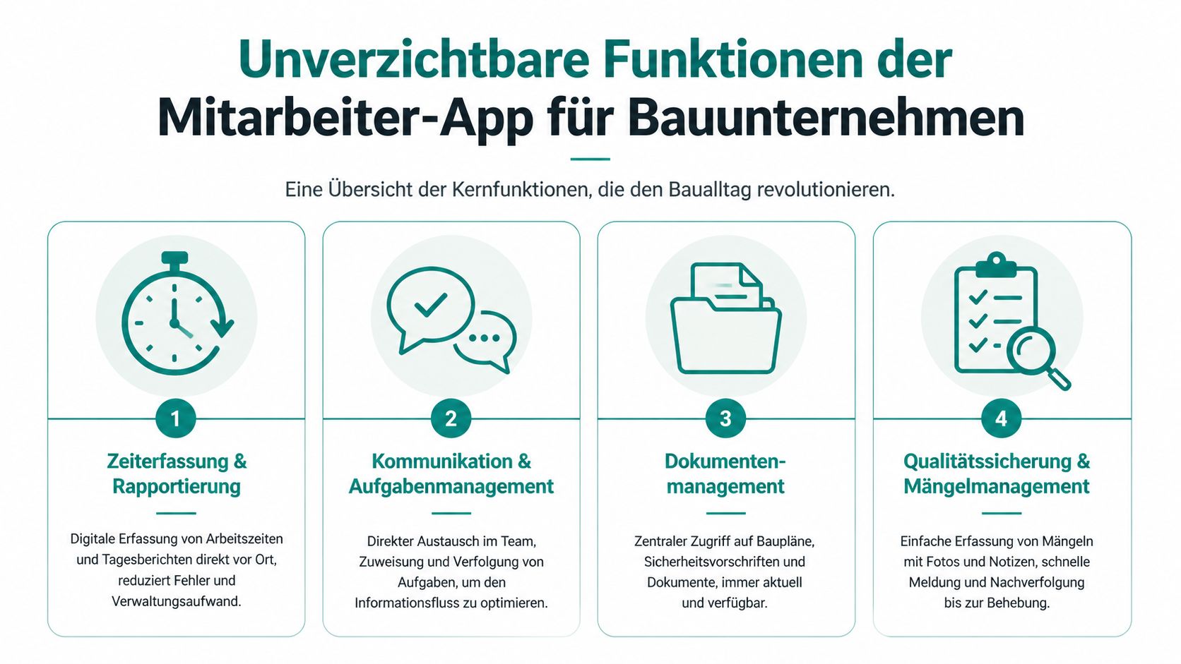 Eine Infografik über die vier wesentlichen Funktionen einer Mitarbeiter-App für moderne Bauunternehmen und ihre Vorteile.