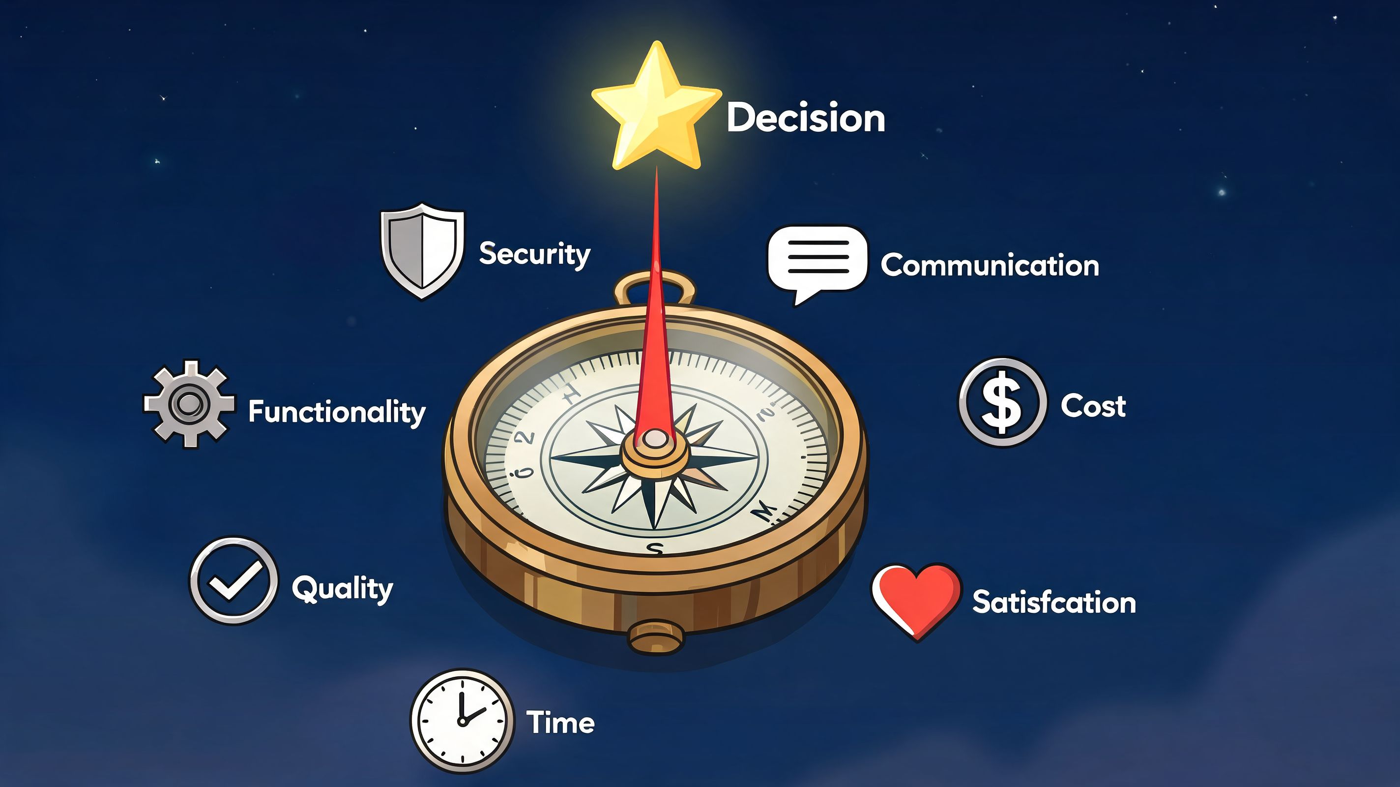 Ein Kompass zeigt auf einen Stern, umgeben von Icons für Faktoren wie Kosten, Zeit, Qualität und Kommunikation.