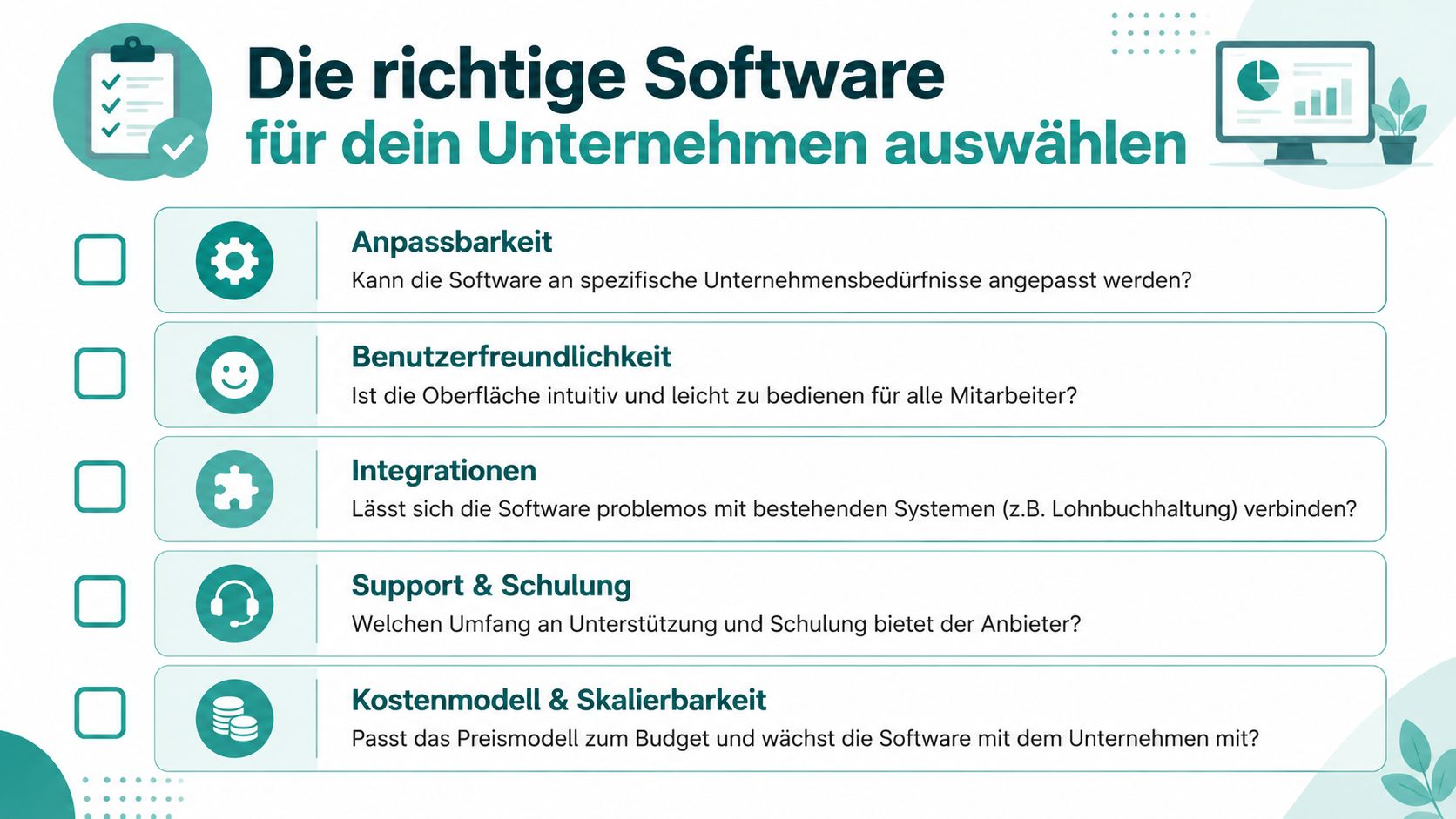 Eine Infografik mit fünf wichtigen Kriterien für die Auswahl der richtigen Unternehmenssoftware, dargestellt als Checkliste.