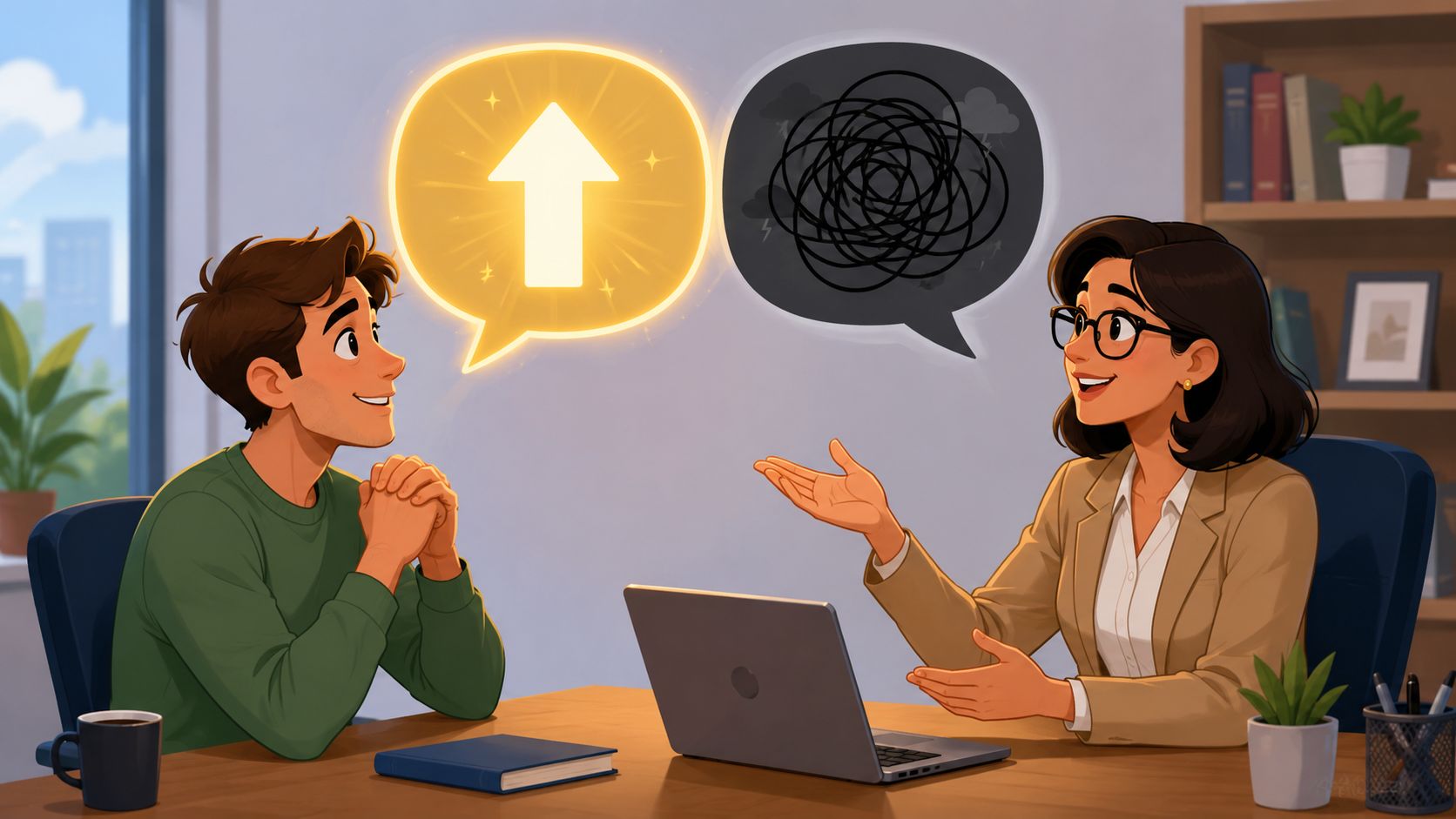 Een man en een vrouw zitten in een helder, vriendelijk kantoor aan een bureau voor een professioneel feedbackgesprek.