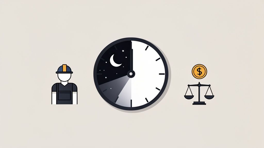 Illustration eines Arbeiters, einer Uhr mit Tag- und Nachtanzeige und einer Waage für gerechte Entlohnung.