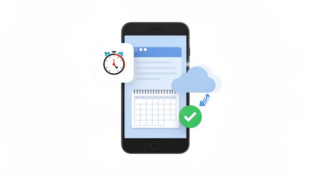 Smartphone-App mit Kalender und Stoppuhr, synchronisiert in der Cloud, zeigt erfolgreiche Terminplanung.