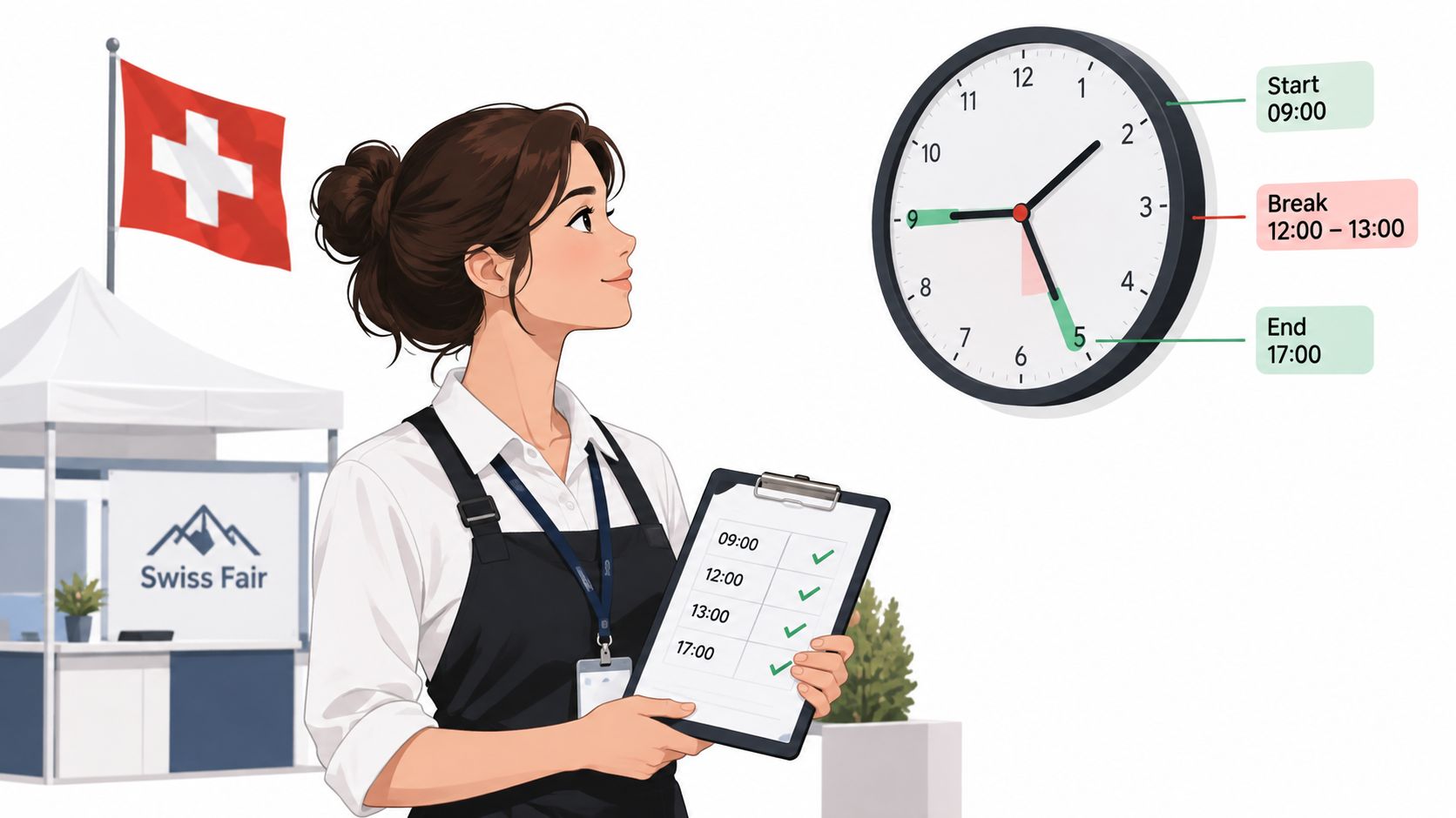 Eine Frau in Arbeitskleidung hält ein Klemmbrett vor einem Schweizer Stand und einer Uhr mit Arbeitszeiten.