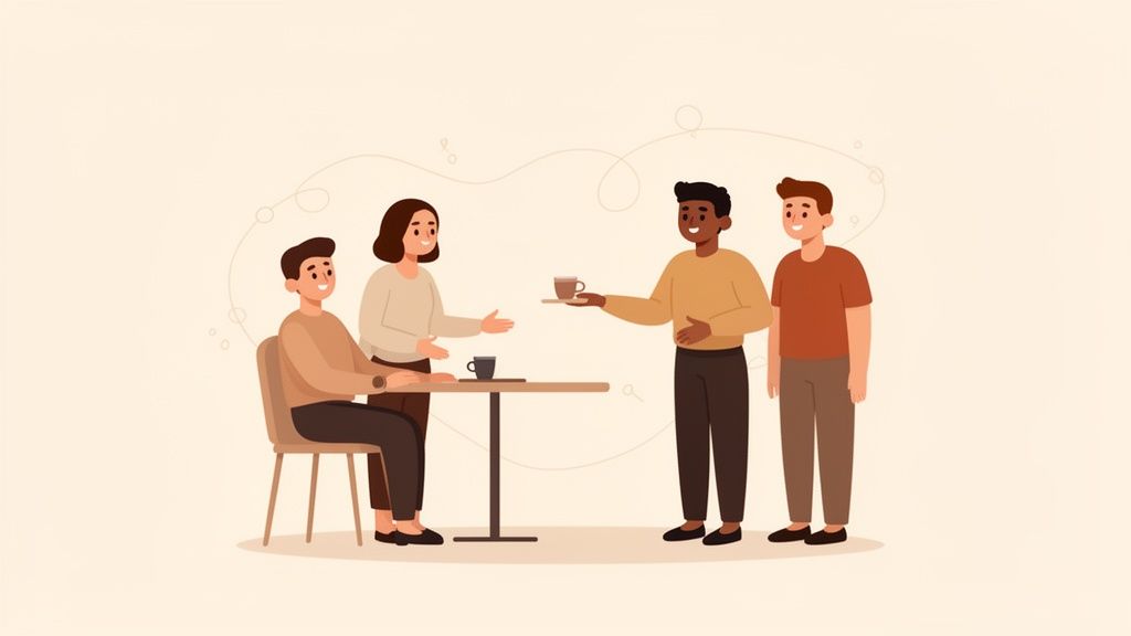 Illustration: Vier Personen in einem Café, zwei sitzen am Tisch, zwei stehen. Eine Tasse wird überreicht.