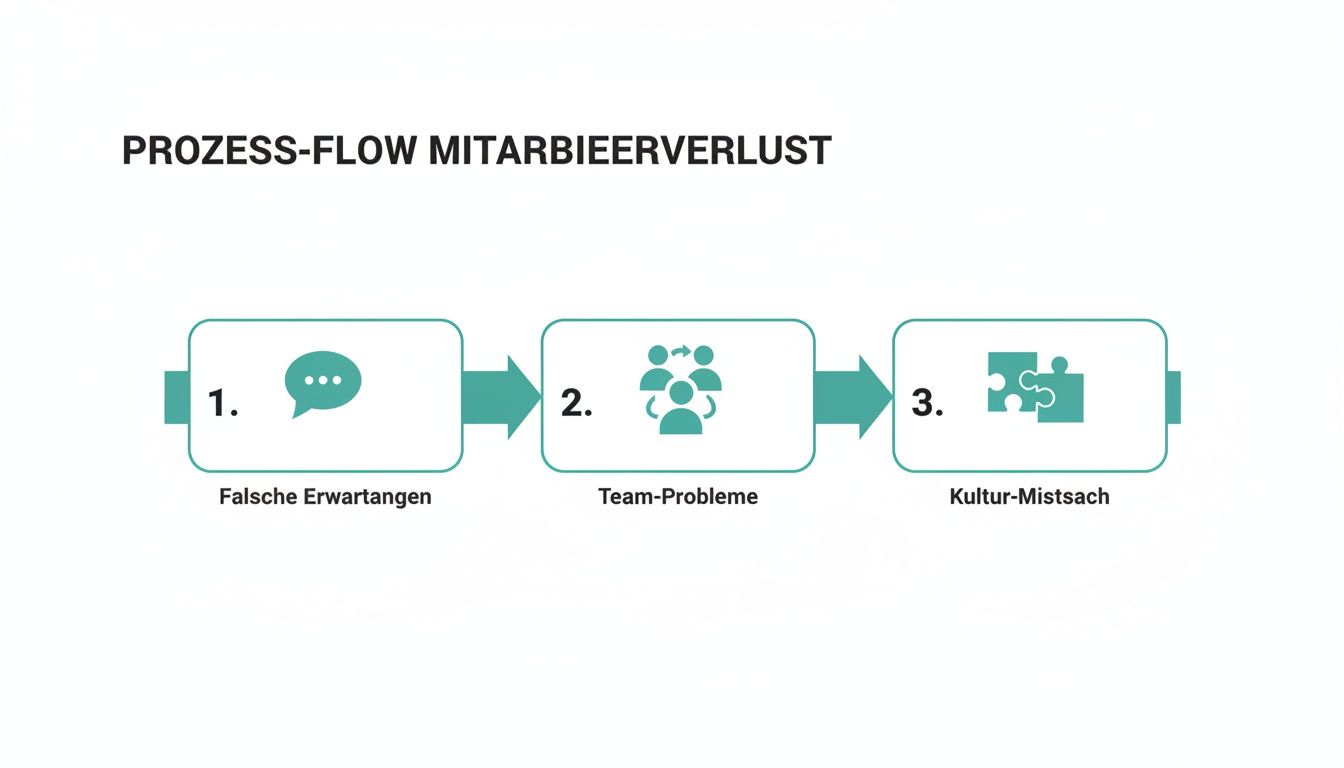 Flussdiagramm zum Mitarbeiterverlust, das falsche Erwartungen, Teamprobleme und eine schlechte Unternehmenskultur als Ursachen darstellt.