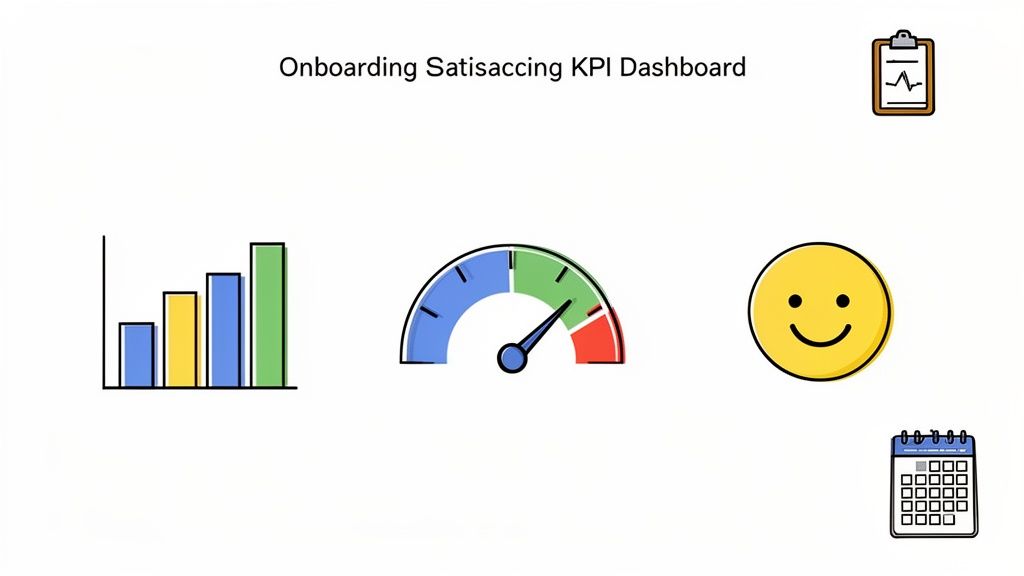 Dashboard zur Messung der Mitarbeiterzufriedenheit beim Onboarding mit KPIs, Grafiken und Kalender.