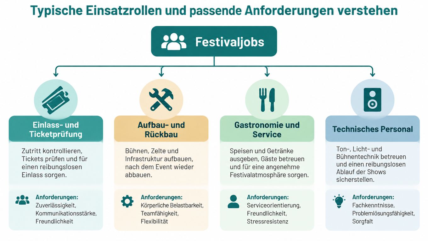Eine Übersicht typischer Festivaljobs wie Einlass, Aufbau, Gastronomie und Technik mit den jeweils passenden Anforderungen.