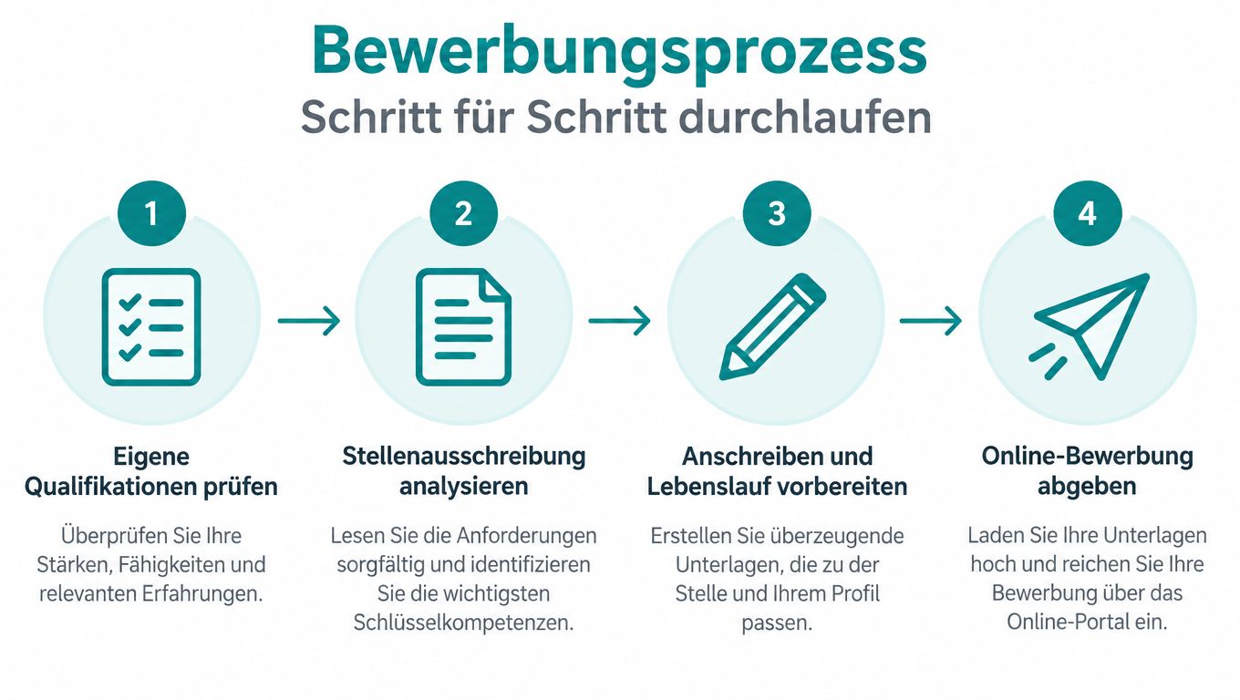 Eine Infografik, die den vierstufigen Bewerbungsprozess von der Selbstanalyse bis zur Online-Bewerbung Schritt für Schritt grafisch erklärt.