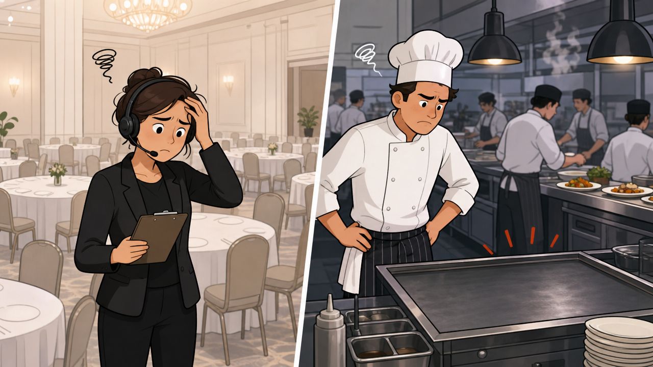 Ein gestresster Personaldisponent und ein Koch in einer geschäftigen Restaurantküche, beide wirken überfordert bei der Arbeit.