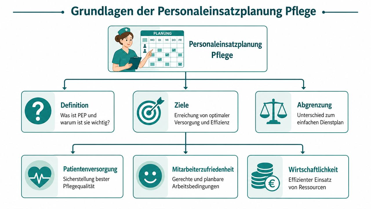 Übersichtsgrafik zur Personaleinsatzplanung in der Pflege mit Zielen wie Patientenversorgung, Mitarbeiterzufriedenheit und Wirtschaftlichkeit.