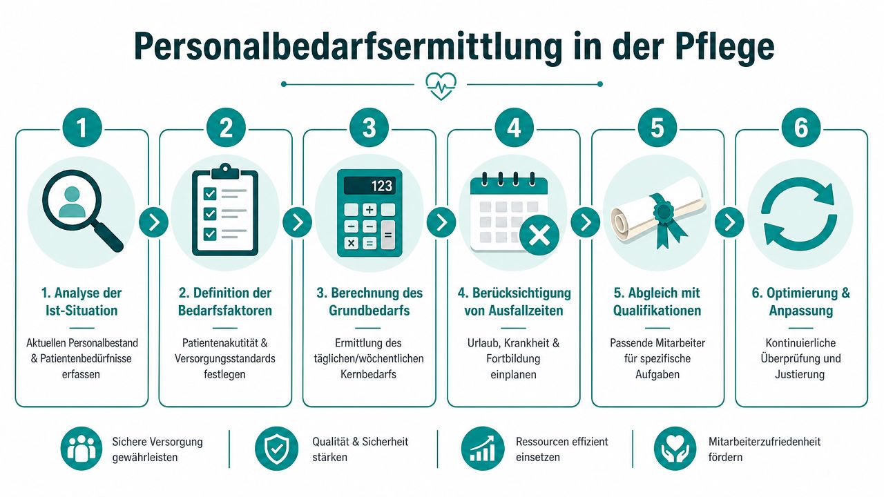 Eine sechsstufige Infografik zur systematischen Personalbedarfsermittlung in der Pflege von der Ist-Analyse bis zur kontinuierlichen Optimierung.