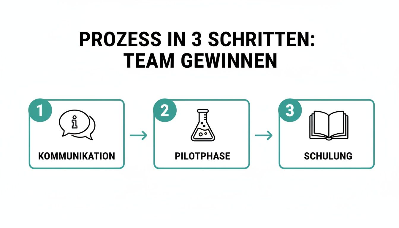 Infografik zeigt einen dreistufigen Prozess zur Teamentwicklung: Kommunikation, Pilotphase und Schulung.