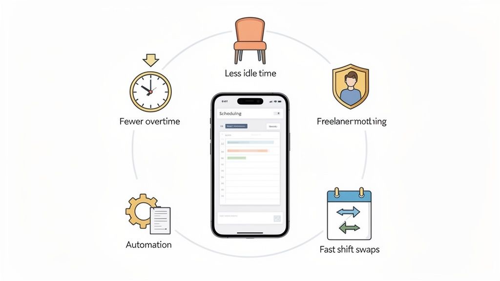 Mobile App für Personalplanung zeigt Vorteile wie weniger Überstunden, weniger Leerlaufzeiten und schnelle Schichtwechsel.