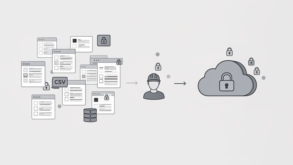Sichere Datenübertragung in die Cloud: Eine Person verarbeitet Dokumente und speichert sie verschlüsselt.