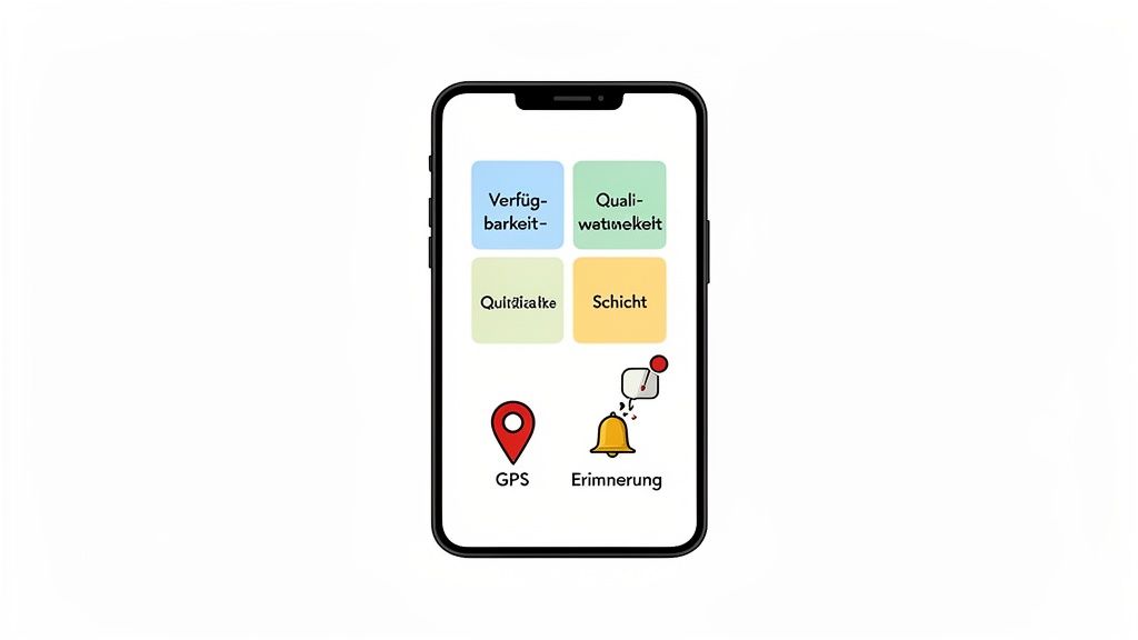 Smartphone-Bildschirm zeigt eine App zur Personalplanung mit Funktionen für Verfügbarkeit, Qualifikation, Schicht, GPS und Erinnerungen.