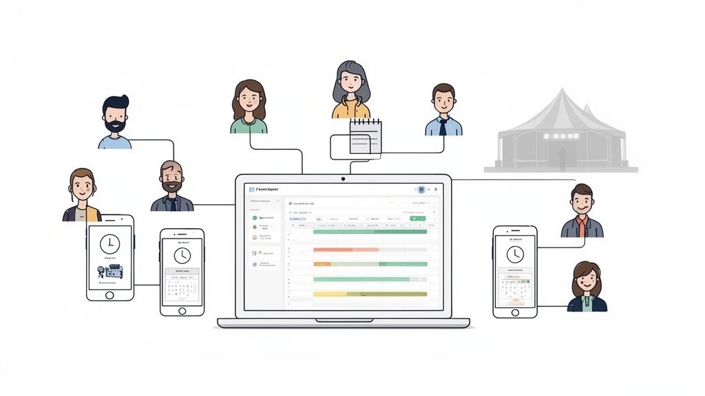 Menschen nutzen Planungssoftware auf Laptop und Smartphones zur Koordination eines Events und zur Personalverwaltung.