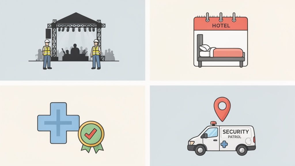Vier Icons stellen Sicherheitsdienste, Hotelunterkunft, medizinische Versorgung und mobile Patrouillenfahrzeuge dar.