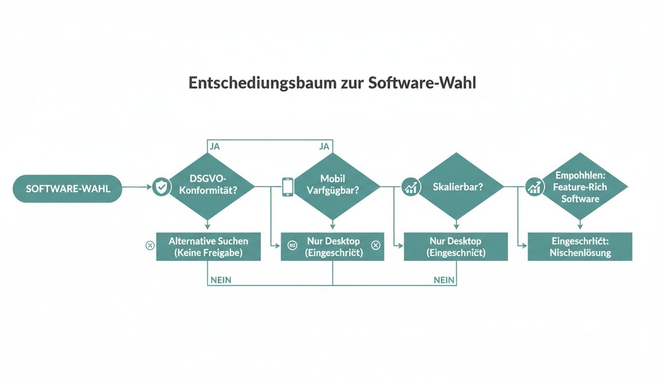 Entscheidungsbaum zur Software-Wahl, der DSGVO, mobile Verfügbarkeit und Skalierbarkeit berücksichtigt.